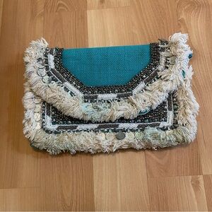 Teal Beaded Fringe Clutch